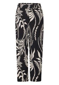 Black trousers featuring a white botanical pattern, made of lightweight fabric, with an elastic waistband and straight-leg design.