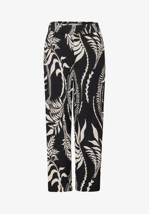 Pantalons noirs avec un motif botanique blanc, fabriqués en tissu léger, dotés d'une ceinture élastique et d'une coupe droite.