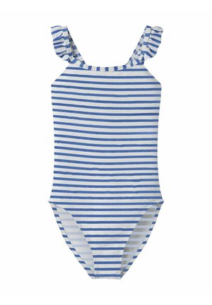 Blauer und weißer, horizontal gestreifter Einteiler mit Rüschen an den Schulterträgern.