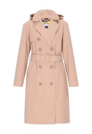 Trench-coat beige en tissu résistant à l'eau. Doté de boutons croisés, d'une ceinture à la taille et d'une capuche. Design classique avec poches latérales.