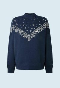 Sudadera azul marino con cuello alto, adornada con patrones blancos de cachemira y flores en el pecho y los hombros. Tela suave, mangas largas.