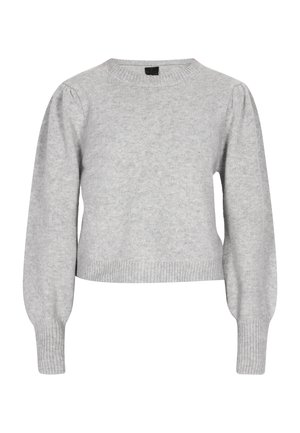 Pulover tricotat gri cu decolteu rotund, mâneci bufante și tiv cu canal. Textură moale; design scurt care permite suprapunerile.
