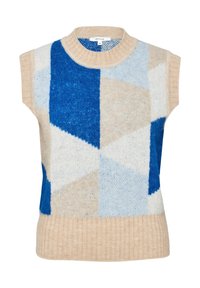 Sleeveless knit sweater with a geometric pattern in blue, light blue, beige, and white. Ribbed beige hem and soft texture.
