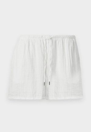 Bijele pamučne kratke hlače s elastičnim pojasom, podesivim vezicama i mekanom, teksturiranom tkaninom. Prigodan, opušten kroj.