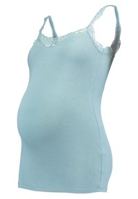 Light blue ribbed tank top with lace trim, designed for maternity. Features adjustable spaghetti straps and a rounded hem.