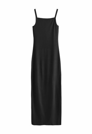 Abito maxi nero senza maniche con spalline sottili. Realizzato in tessuto morbido, presenta una silhouette aderente e un orlo dritto. Senza motivi o decorazioni visibili.