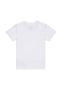 Krátký rukáv, triko s kulatým výstřihem z bílé bavlny. Hladká textura, rovný lem a minimalistický design bez viditelných grafik nebo vzorů.