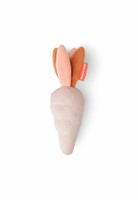 Plush carrot toy with a soft pink body and brown-green leafy top. Features stitched lines for texture and an orange "100% friendly" tag.