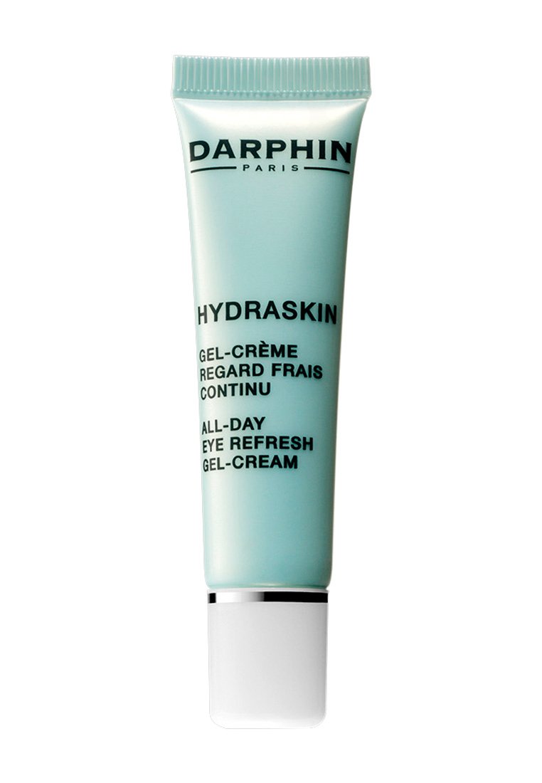 Darphin Hydraskin gelkräm i en ljusblå tub med svart text; silverdetaljer och vit bas; designad för en uppfriskande effekt för ögonen hela dagen.