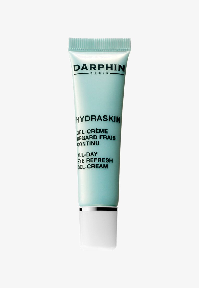 Darphin Hydraskin gel-crème in een lichtblauwe tube met zwarte tekst; zilveren accenten en een witte basis; ontworpen voor verfrissing van de ogen gedurende de dag.