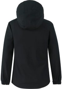 Sort vandtæt jakke med hætte, der har lange ærmer, elastiske manchetter og en rundet kant. Glat tekstur uden synlige mønstre.