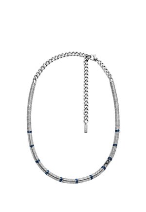 Silver chain necklace featuring a textured design with blue accents and a button clasp. Features a mix of flat and round links.