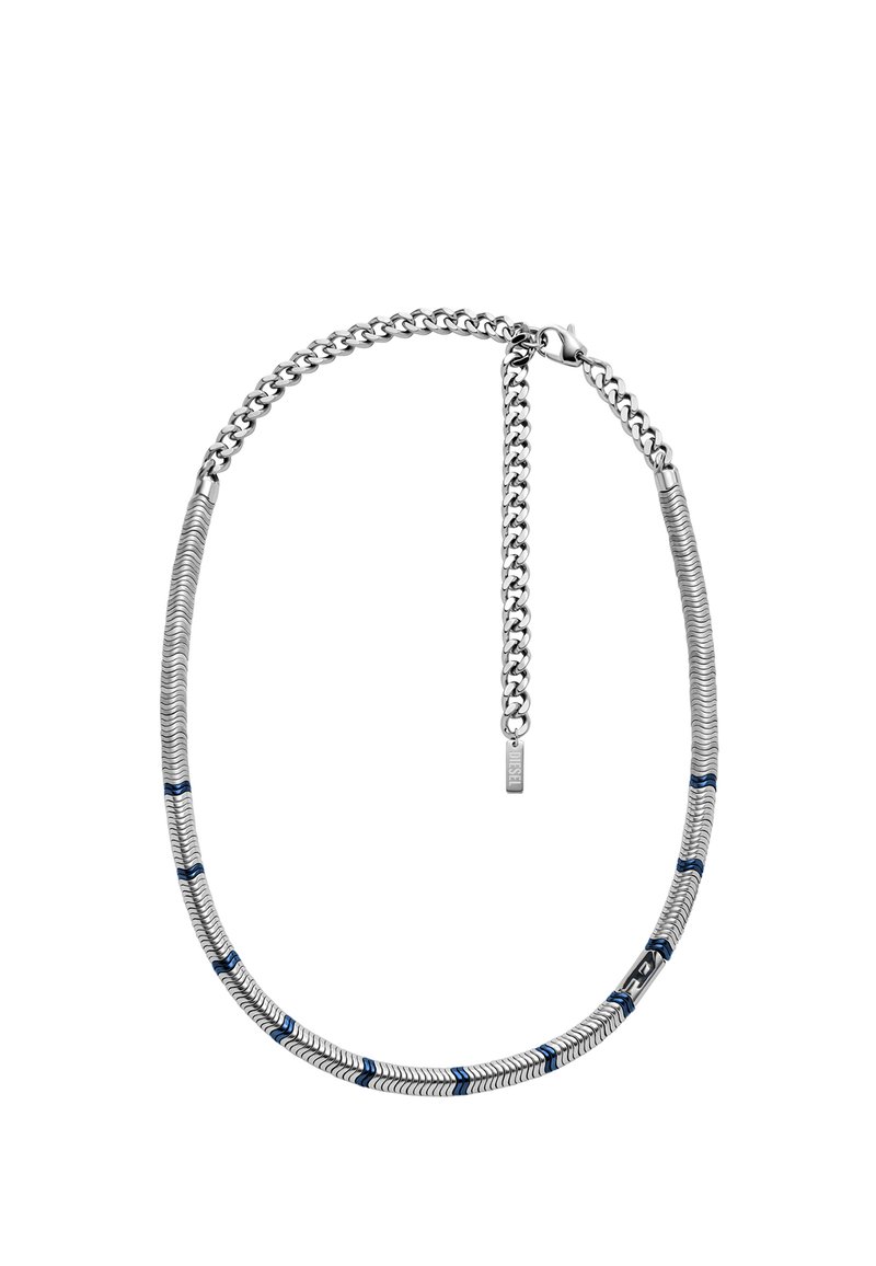 Silver chain necklace featuring a textured design with blue accents and a button clasp. Features a mix of flat and round links.