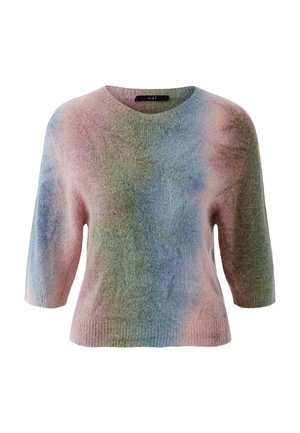 Weicher, flauschiger Pullover mit Rundhalsausschnitt und dreiviertellangen Ärmeln in einem Verlaufsmuster aus Rosa-, Blau- und Grüntönen.