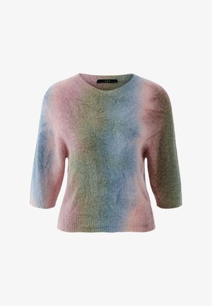 Weicher, flauschiger Pullover mit Rundhalsausschnitt und dreiviertellangen Ärmeln in einem Verlaufsmuster aus Rosa-, Blau- und Grüntönen.