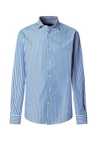 Chemise à boutons avec des rayures verticales bleues et blanches. Manches longues avec des poignets rayés, un col classique et un fermoir à boutons à l'avant.