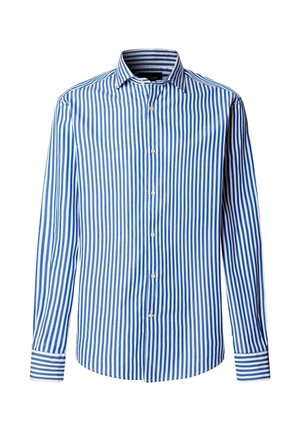 Overhemd met knoopsluiting, gekenmerkt door blauwe en witte verticale strepen. Lange mouwen met gestreepte manchetten, een klassieke kraag en sluiting met knopen aan de voorkant.