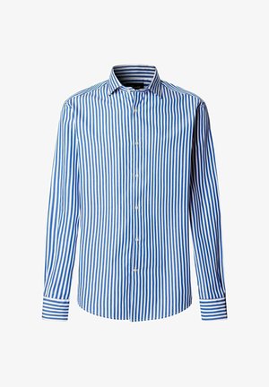 Camicia con bottoni caratterizzata da strisce verticali blu e bianche. Maniche lunghe con polsini a strisce, colletto classico e chiusura frontale con bottoni.