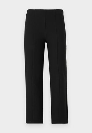 Black trousers with a straight-leg design. Features a smooth texture, no visible fastenings, and front seam details for added structure.