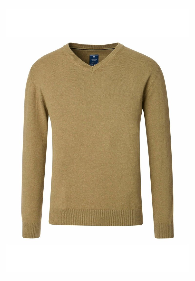 Beiger V-Ausschnitt-Pullover aus weichem Strickstoff. Verfügt über lange Ärmel sowie gerippte Bündchen und Saum, die eine glatte Textur und eine klassische Passform bieten.