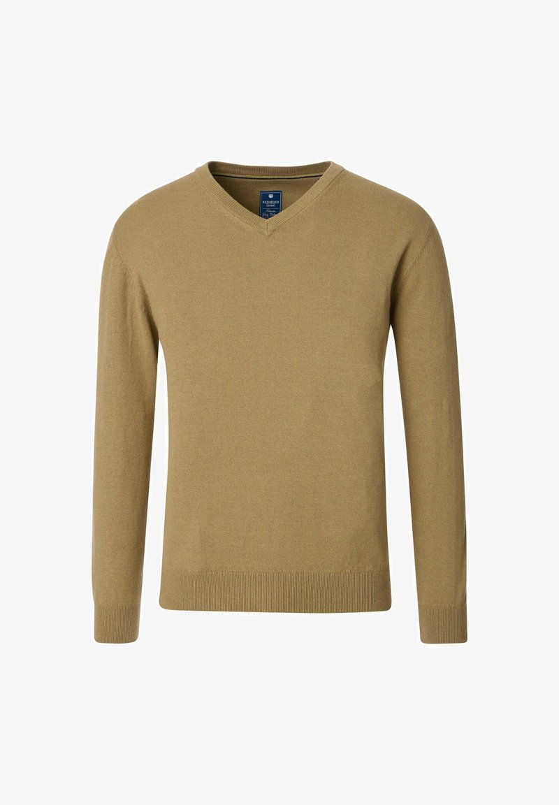 Beiger V-Ausschnitt-Pullover aus weichem Strickstoff. Verfügt über lange Ärmel sowie gerippte Bündchen und Saum, die eine glatte Textur und eine klassische Passform bieten.