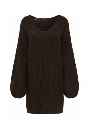 Tamnosmeđi pleteni džemper s V-izrezom i širokim balon rukavima, s teksturiranim uzorkom i opuštenim, ležernim krojem.