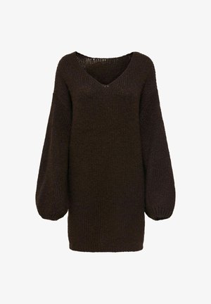 Tumši brūns adīts džemperis ar V veida izgriezumu un platiem balona piedurknēm, ar teksturētu rakstu un vaļēju, brīvu siluetu.