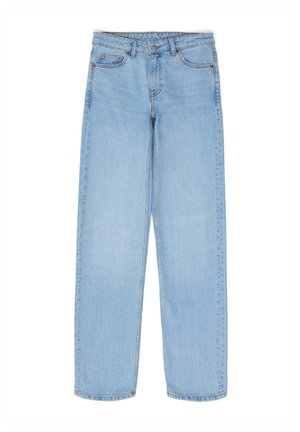Ljust blå denimjeans med rak benform, femficksdesign och subtila sömnadsdetaljer vid midjebandet och fickorna.