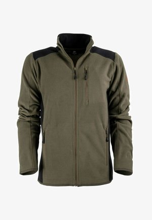 Fleecejacke in Olivgrün mit schwarzen Akzenten. Verfügt über einen hohen Kragen, eine Reißverschluss-Brusttasche und zwei Seitentaschen. Weicher Stoff, lockere Passform.