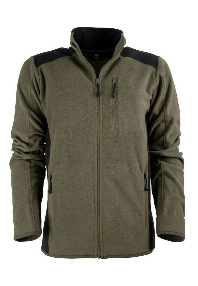 Chaqueta de forro polar en verde oliva con detalles negros. Presenta un cuello alto, un bolsillo en el pecho con cremallera y dos bolsillos laterales. Textura suave, corte casual.