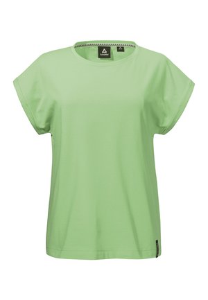 Light green short-sleeve women's T-shirt with round neckline and folded sleeve cuffs, Schöffel brand label on collar and bottom hem.