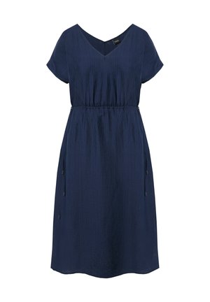 Navyblaues Kleid mit V-Ausschnitt, kurzen Ärmeln und elastischem Bund. Es hat einen strukturierten Stoff und dekorative Knöpfe an der Seite.