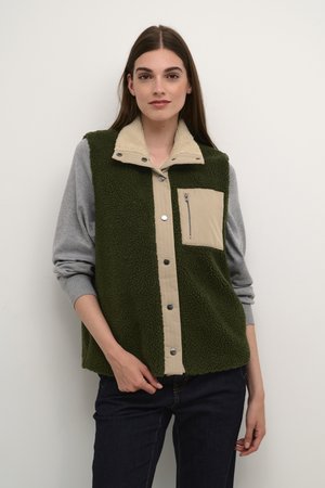Fleece-Weste in Dunkelgrün mit einem beigen Frontpanel und Tasche. Mit Druckknopfverschluss und grauen langen Ärmeln mit gerippten Bündchen.