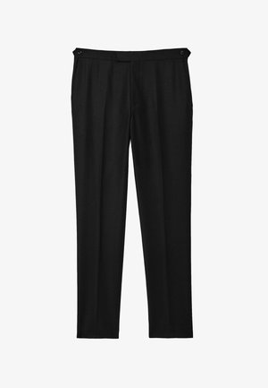 Fekete, elegáns nadrág sima textúrával, gombos záródással és egyenes szárakkal. Nincs látható zseb vagy minta.