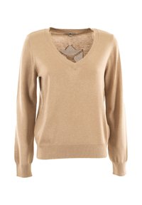 Maglione beige con scollo a V, maniche lunghe e polsini a costine. Presenta un motivo a diamante testurizzato sul colletto in un materiale a contrasto.