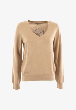 Pull beige avec un col en V, des manches longues et des poignets côtelés. Présente un motif texturé en forme de diamant au niveau de l'encolure dans un matériau contrastant.
