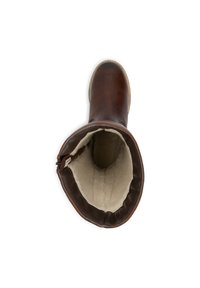 Bruine leren laars met een ronde neus en een zachte crèmekleurige voering. Voorzien van een gladde buitenkant en een zijrits.