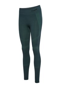 Dunkelgrüne nahtlose Sportleggings mit strukturierten Einsätzen und einem breiten Bund mit kleinem schwarzem "hummel" Logo.