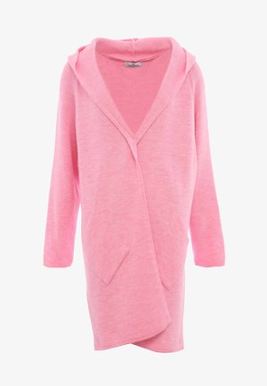 Roze hoodie cardigan met een V-hals, lange mouwen en twee voorzakken, met een zachte gebreide textuur en een ontspannen pasvorm.