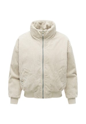 Giacca in velluto a coste color crema con collo alto, zip frontale, polsini e orlo a costine e due tasche laterali inclinate.