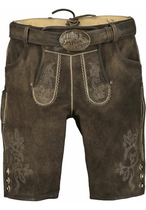 Braune Lederhosen mit dekorativer Stickerei, ausgestattet mit einem Gürtel mit einer Metall-Schnalle, Seitentaschen und Knopfakzenten an den Beinen.