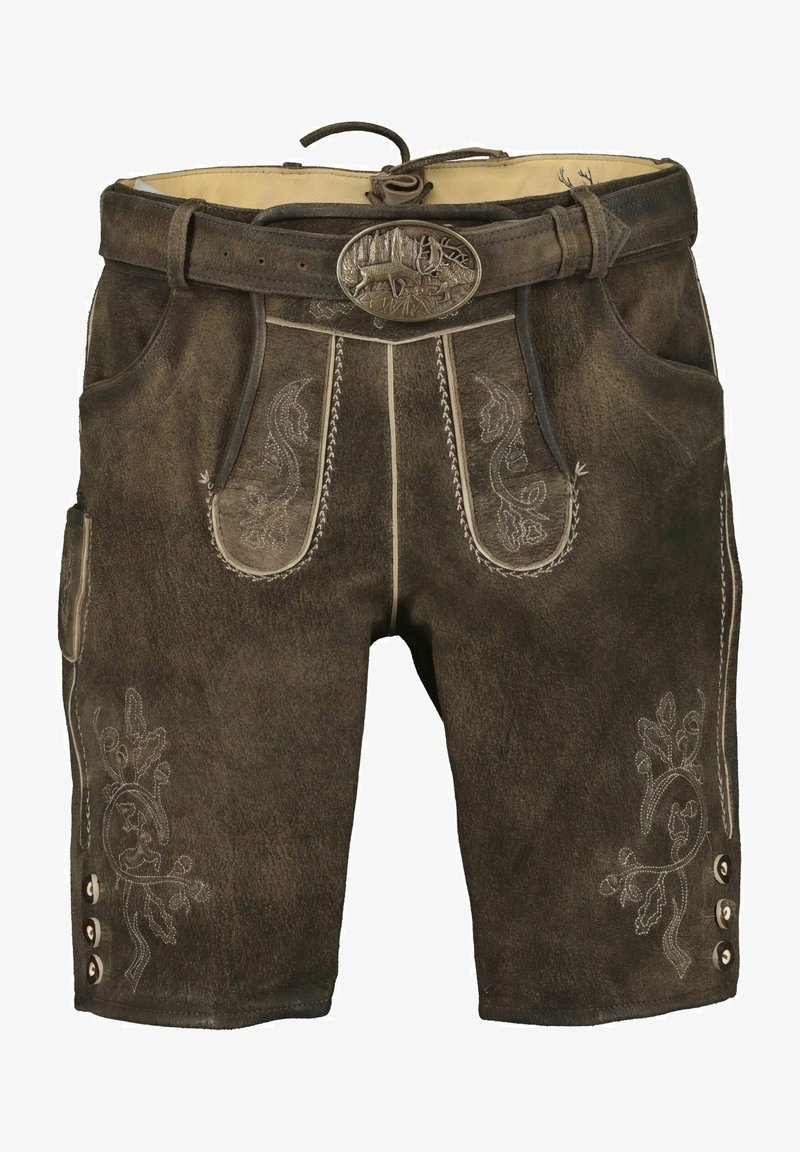 Braune Lederhosen mit dekorativer Stickerei, ausgestattet mit einem Gürtel mit einer Metall-Schnalle, Seitentaschen und Knopfakzenten an den Beinen.