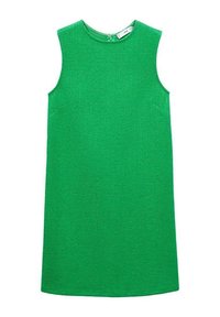 Robe verte sans manches avec un tissu texturé, un col rond, des poches latérales et une silhouette droite. Fermeture dos avec boutons.
