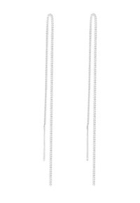 Sølv kædeøreringe med et langt, tyndt design. De har et glat, lige vedhæng og en snoet kædetekstur for ekstra detaljer.