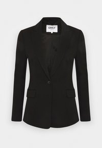 Czarna marynarka o dopasowanym kroju, z klapami z wycięciem, dwoma przednimi kieszeniami, pojedynczym zapięciem na guzik i gładką fakturą tkaniny.