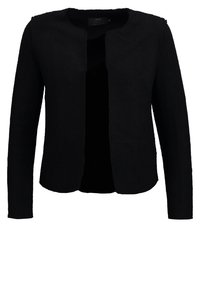 Cardigan noir pour femme, à manches longues et à ouverture frontale, avec un col rond, fabriqué en tissu texturé.