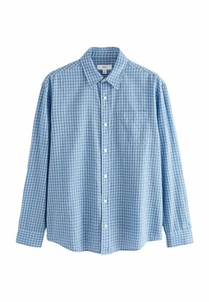 Men's medium blue checkered long-sleeve button-up shirt with collar and front chest pocket on white background.