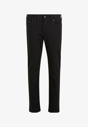 Melnas džinsas ar taisnu piegriezumu, izgatavoti no mīkstas kokvilnas auduma. Ar piecu kabatu dizainu, jostas cilpām un pogas aizdari jostasvietā.