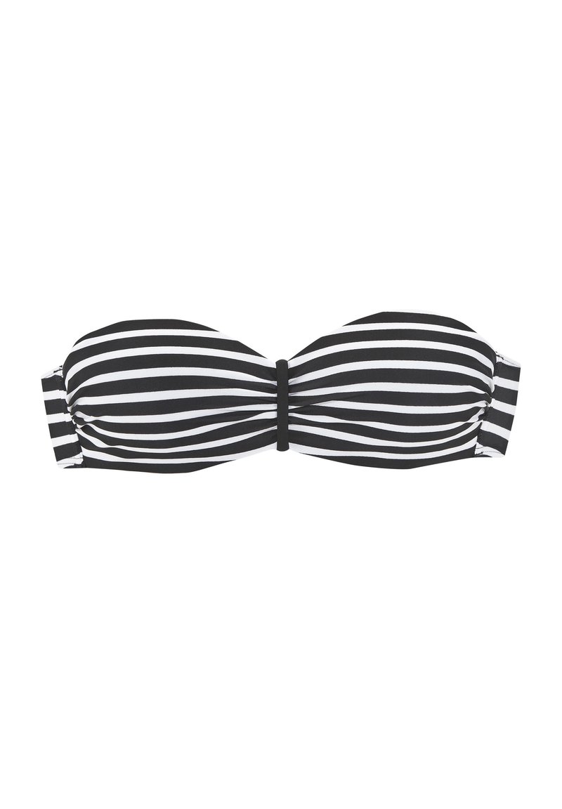 Bikini top bandeau a righe bianche e nere con dettaglio centrale a nodo, realizzato in tessuto liscio, progettato per offrire supporto senza spalline.