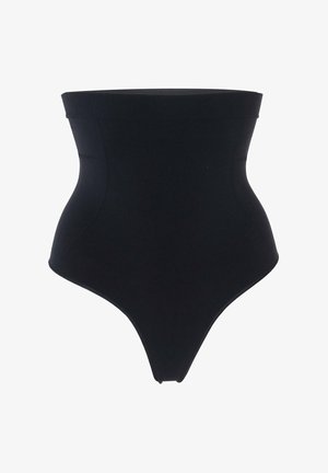 Shapewear nera a vita alta con una consistenza liscia e elasticizzata e taglio a perizoma, con design senza cuciture e dettagli di cucitura minimali.